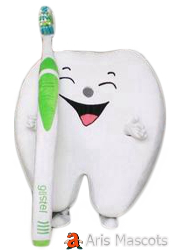 Mascot giant white tooth with a toothbrush