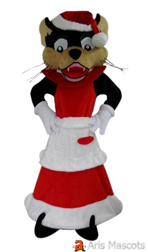 Panther Mascot with Santa Suit for Christmas Event, Adult Cheetah Christmas Dress