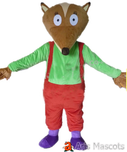 Mascot Brown Fox Costume with Green Shirt and Red Overall