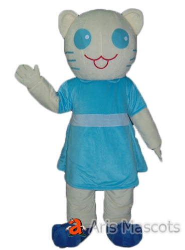 Lovely White Cat with Blue Dress Costume Full Mascot Girl Cat Outfit , Cosplay cat Halloween Dress