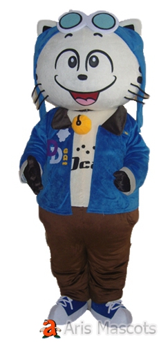 Lovely Cat Full Body Mascot Outfit with Blue Jacket , Cosplay Big Head Cat Dress Up