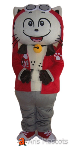 Lovely Cat Full Body Mascot Outfit with Red Jacket , Cosplay Big Head Cat Dress Up