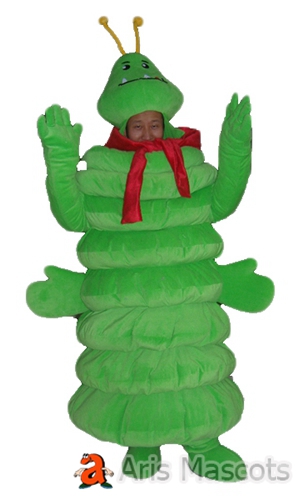 Green Caterpillar Mascot, a Giant with a Red Scarf Expose Face
