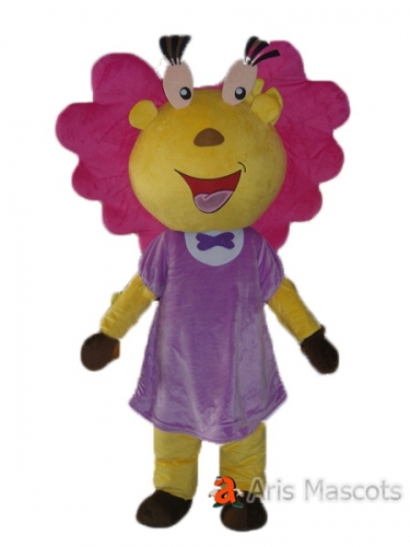 Girl Lion Mascot Costume with Purple Dress, Pink Hair Lion Adult Outfit