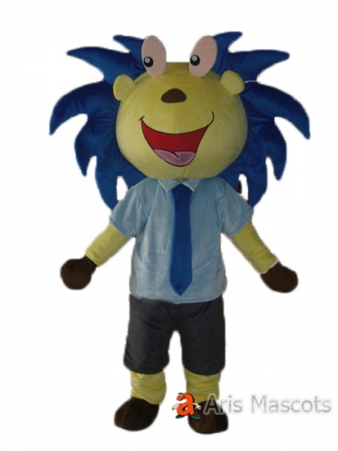 Big Head Boy Lion Mascot Costume, Blue Hair Lion Suit with big Smile