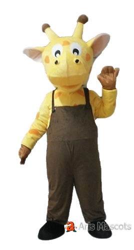 Giraffe Mascot with Brown Overall for Event, Giraffe Halloween Costume