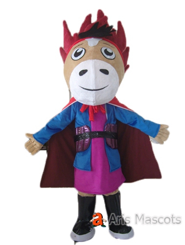 Superhero Horse Mascot Costume with red cape, adult horse halloween suit