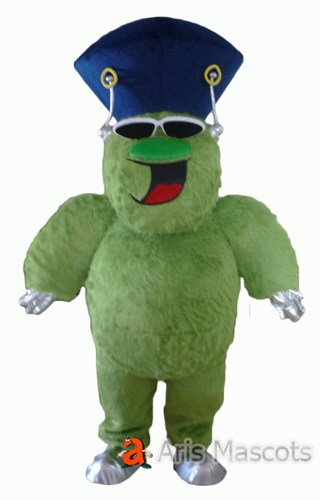 Green  Monster Fur Mascot Costume with Blue Hat, Big Monster Halloween Costume