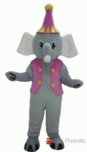 Gray Elephant Mascot with Birthday Hat, Adult Elephant Costume