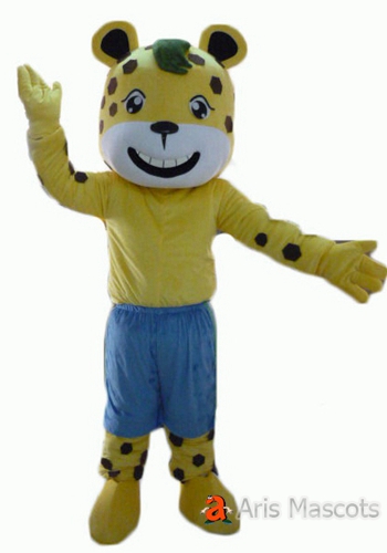 Big Round Head Plush Mascot Cheetach Adult Costume with Blue Shorts