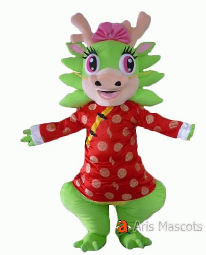 Mascot Dragon with Chinese Traditional Outfit, Chinese Dragon Adult Outfit
