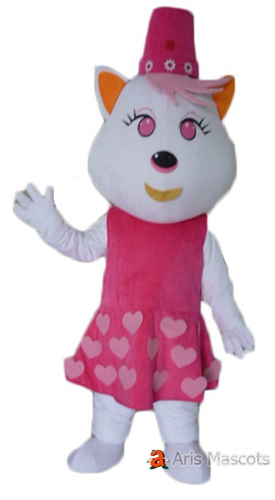 White Cat Mascot with Pink Dress custom made mascot costume