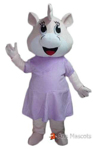 Lovely Rhino Mascot with Purple Dress, Girl Rhino Adult Outfit Full Body