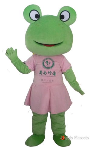 Green Frog Mascot Girl Costume, Lovely Full Body Mascot Girl Frog with Pink Dress