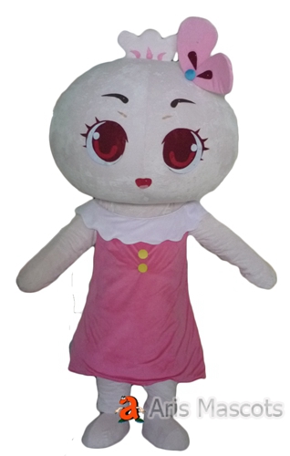 Lovely Girl Cat Mascot Costume for Entertainment, Big White Cat Suit with Pink Dress