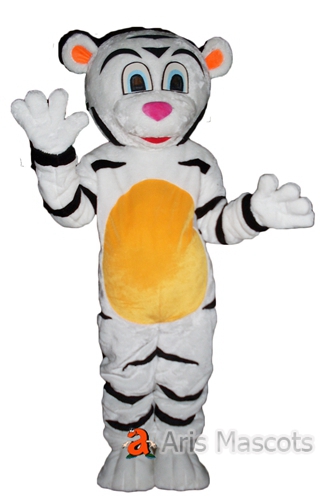 Lovely White Tiger Mascot Costume with Yellow Belly, Adult Tiger Fancy Dress