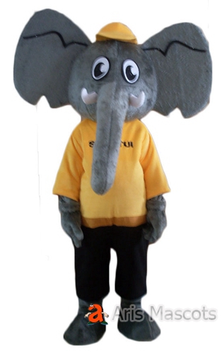 Big Ear Elephant Mascot with Yellow Shirt, Foam Plush Mascot Suit Elephant Dress