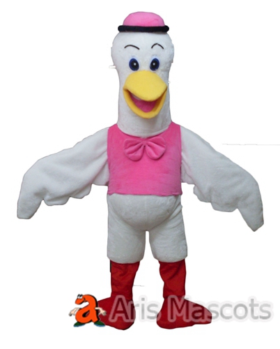 Lovely White Swan Mascot Costume with Pink Shirt for Events Party, Disguise Swan Adult Fancy Dress