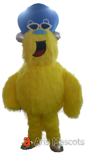 Yellow  Monster Fur Mascot Costume with Blue Hat, Big Monster Halloween Costume