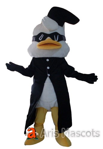 Mascot Duck Costume with Black Suit, White Duck Adult Fancy Dress for Halloween