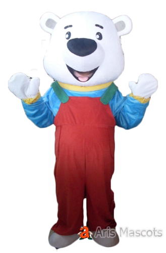 Big Head Bear Mascot with Red Overall, Costume White Bear