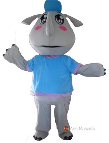 Grey Rhino Mascot Costume with Blue Shirt, Foam Plush Mascot Rhino Fancy Dress