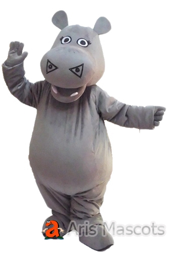 Giant Mascot Grey Hippo Adult Costume, Fur Plush Hippo Fancy Dress