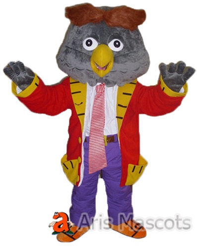 Plush Owl Mascot Costume Grey Owl Suit with Red Jacket, Birds Mascots Costumes for School