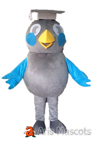 Blue and Grey Owl Mascot Costume with Graduation Hat, Plush Owl Adult Full Body Outfit