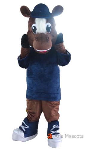 Lovley Fur Plush Mascot Horse Costume with Blue Shirt-Disguise Horse Adult Suit for Sports Team