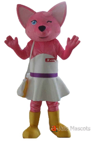 Pink Girl Fox Mascot with White Dress-Disguise Fox Adult Full Mascot Suit