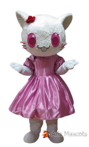 Fur Suit White Cat Mascot Costume with Pink Dress-Fancy Cat Adult Dress up