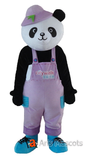 Lovely Panda Adult Suit with Purple Overall-Plush Panda Mascot Costume