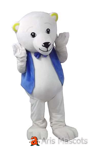 Big Polar Bear Adult Mascot Suit with Blue Vest-Custom Made Mascots White Bear Fancy Dress