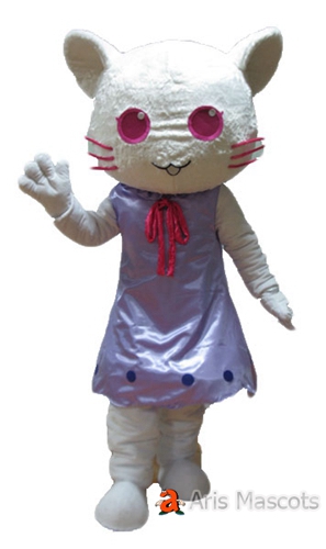 Plush Cat Mascot With Purple Dress-Big Eyes Cat Adult Outfit for Events