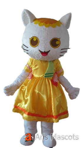 Big Eyes White Cat Mascot Costume with Golden Dress-Cusom Animal Mascots