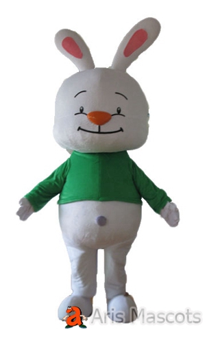 Big Head White Rabbit Mascot with Green Shirt for Easter Events-Bunny Suit