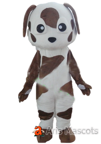 Big Head White Dog Mascot with Brown Spots Costume-Full Plush Puppet Dog Adult Suit