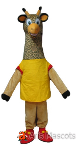 Lovely Long Neck Giraffe Mascot with Yellow Shirt-Custom Mascots Costumes for Marketing