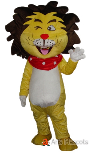 Yellow Lion Plush Mascot with Brown Mane-Animal Mascots Lion Adult Costume