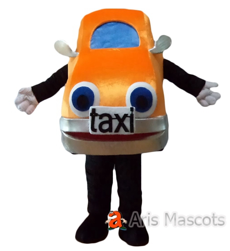 Giant Taxi Mascot Costume Adult Plush Suit, orange and blue car fancy dress
