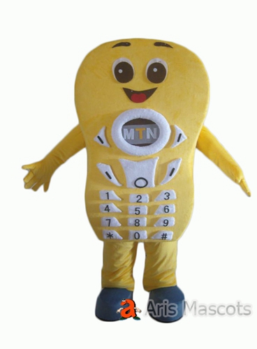Yellow cell phone mascot, giant and smiling adult full body outfit for marketing