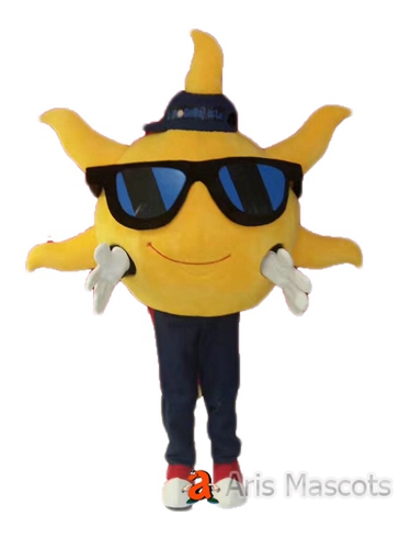 Yellow sun-like mascot, with sunglasses， The Sun Cosplay Suit Adult Fancy Dress
