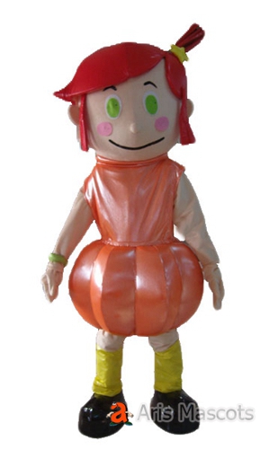 Girl Dressed Pumpkin Suit, Full Body Mascot Girl with Pumpkin Dress