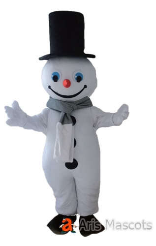 White Snowman Fancy Dress Full Mascot with Black Hat for Outdoors Events in Winter