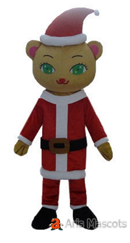 Lovely Brown Cat Adult Mascot Costume with Santa Dress, Dressed Santa Claus Cat Full Body Outfit