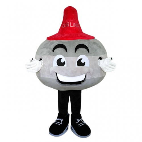 Giant Grey Curling Mascot with Red Handle For Sports Team, Full Mascot Curling Adult Fancy Dress for Outdoor Events