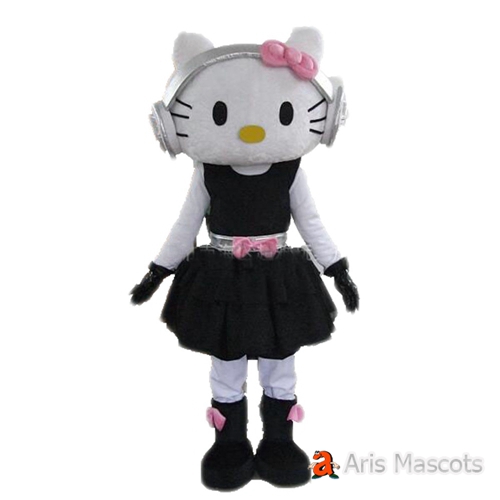 Lovely Hello Kitty Mascot Costume with Earphones and Black Dress Full Body Fancy Dress Cartoon Mascots for Events
