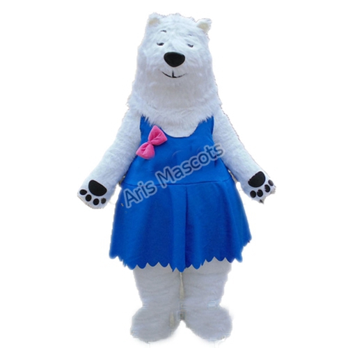 Lovely Polar Bear Mascot Costume with Blue Dress La mascota del oso polar