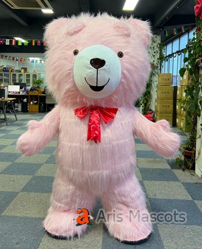 Lovely Fluffy Pink Bear Inflatable Suit Adult Walking Mascot Costume Blow Up Fancy Dress